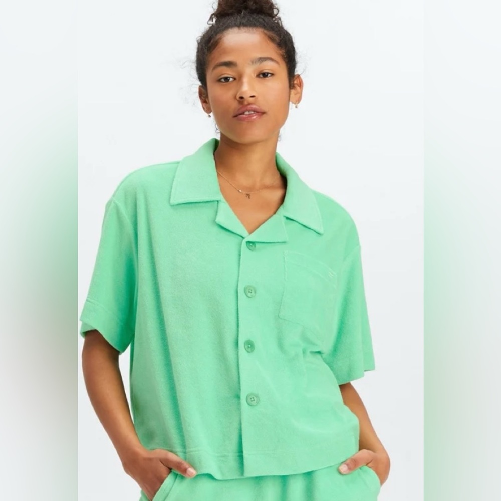 Fabletics Island Terry Boxy Button Up Lime Green … - image 1